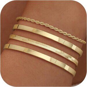 Chunky 16K Gold-Plated Layered Bracelets Set for Women, Water-Resistant, Adjusta
